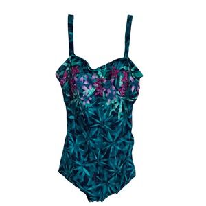 Maxine of Hollywood Teal Tropical Floral Swimdress One Piece Swimsuit Size 16